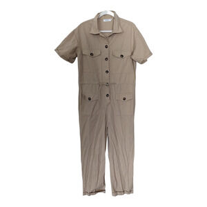 ELENZA Size Large Utility Jumpsuit Tan Khaki Drawstring Waist Short Sleeves